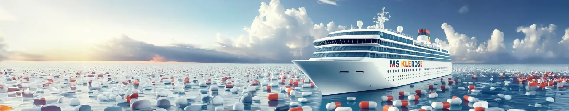 Das Kreuzfahrtschiff MS Klerose auf einem Meer aus Tabletten